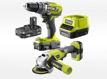 Снимка на ПРОМО!Акумулаторни винтоверт R18DD3+ъглошлайф R18AG RYOBI,18V,2 бат.х 1.3Ah,зарядно,5133003743