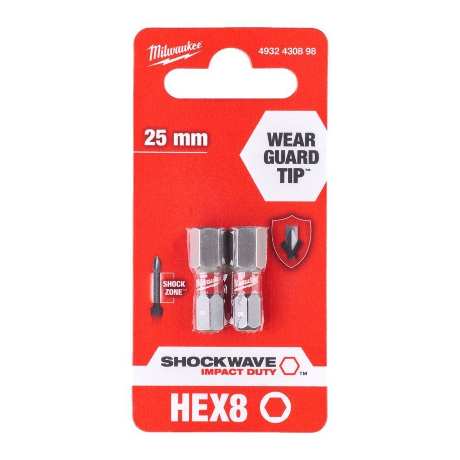 Снимка на Комплект накрайници Milwaukee SHOCKWAVE шестостен HEX 8 25mm,2бр.,4932430898