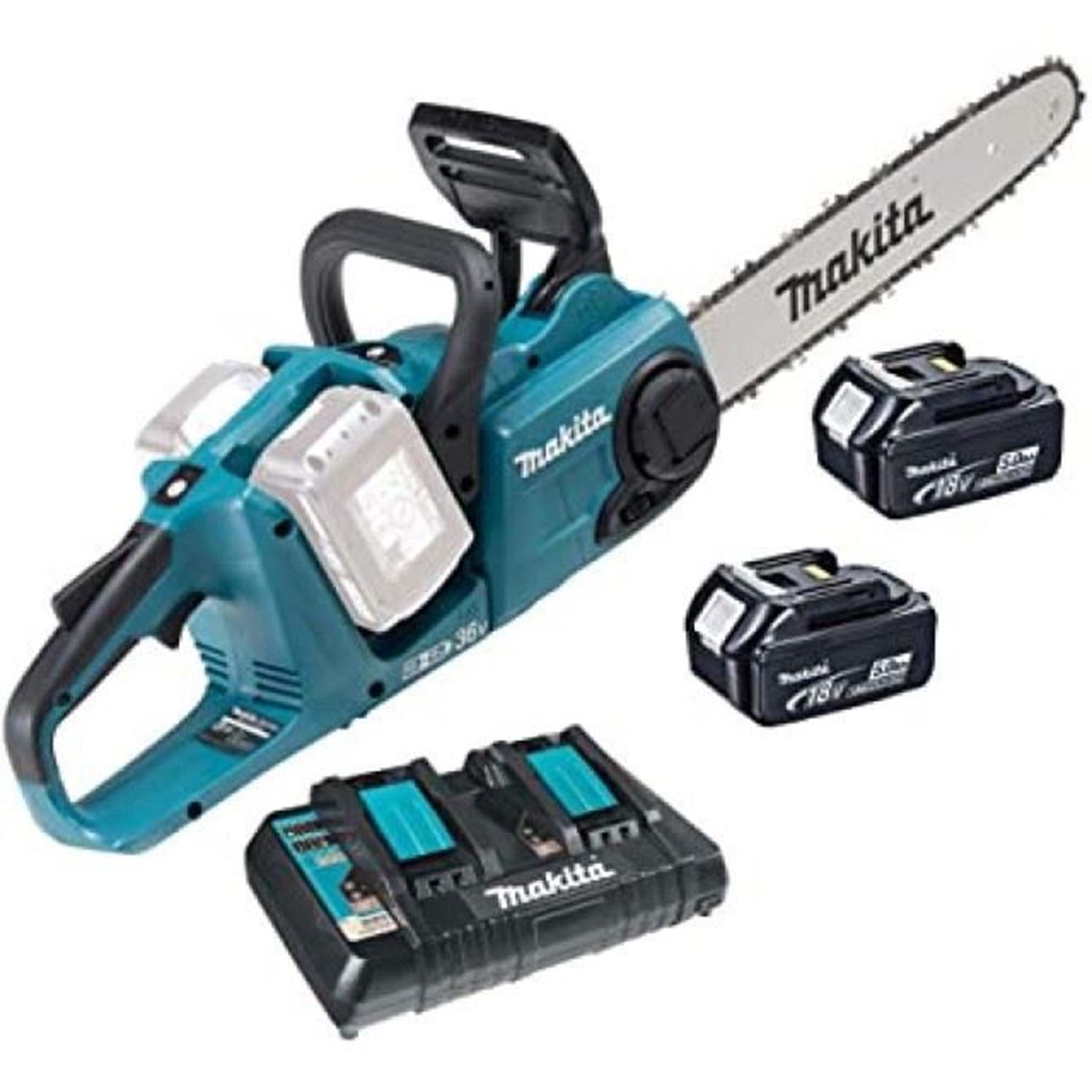 Снимка на Акумулаторен верижен трион Makita DUC353Z,18V+18V, 350 mm,0-20 m/s,5.5 kg, Бат. 2Х BL1860B 6.0Ah, DC18RD к-кт